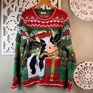 Holiday Time Red, Green & White Knit Christmas Sweater Large Cow Ugly
